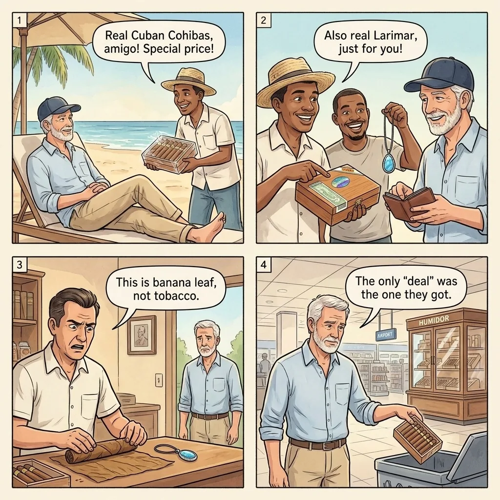 El Cortecito Counterfeit-Cohiba and Fake-Larimar Beach Hustle — comic illustration