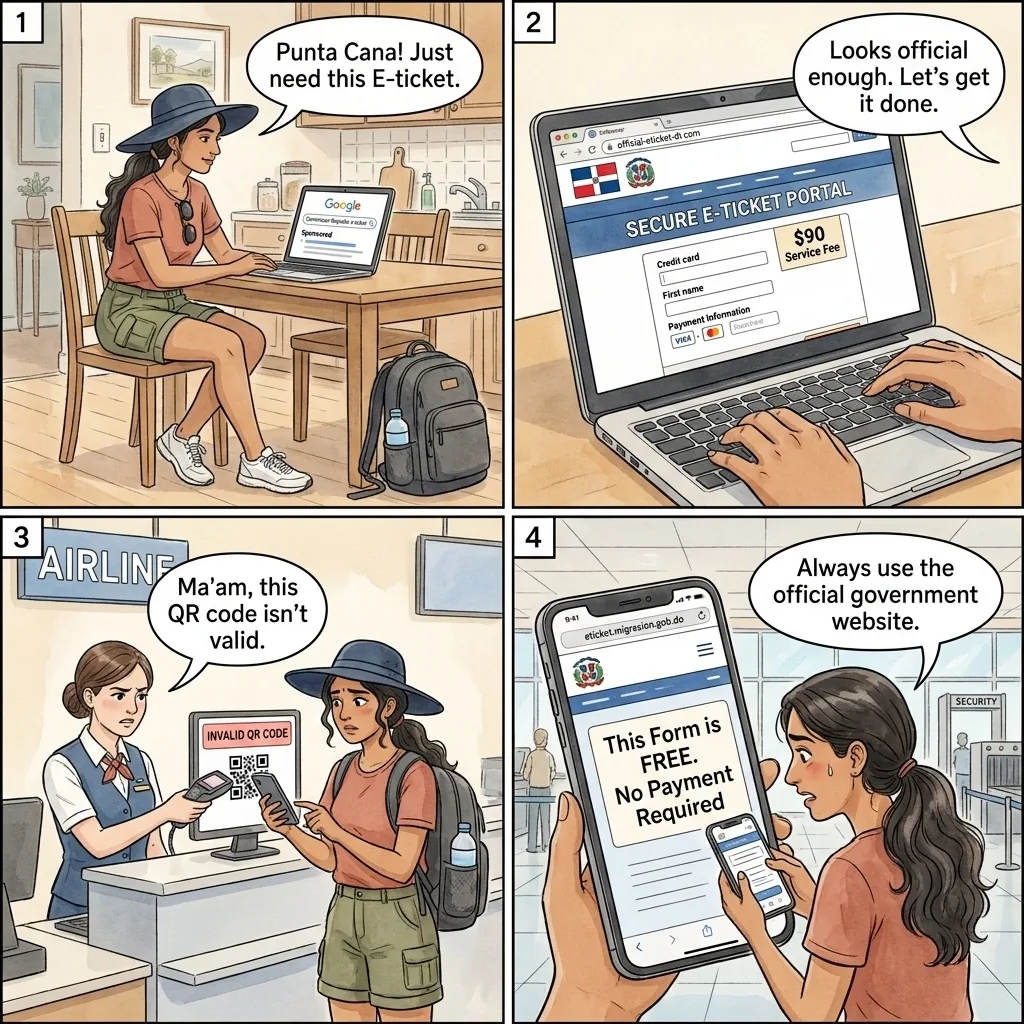DR E-Ticket Lookalike-Website Migración Fee Scam — comic illustration