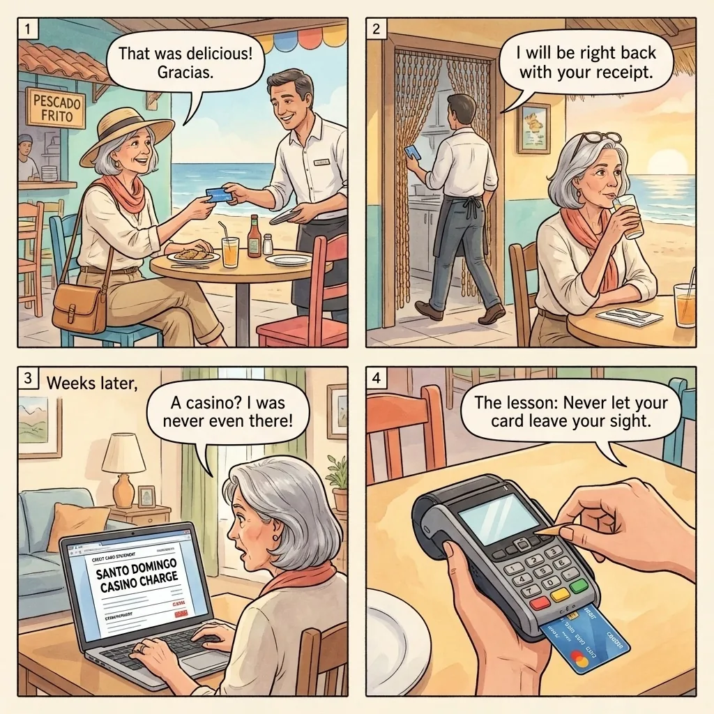 El Cortecito Restaurant Card-Cloning Out-of-Sight Swipe — comic illustration