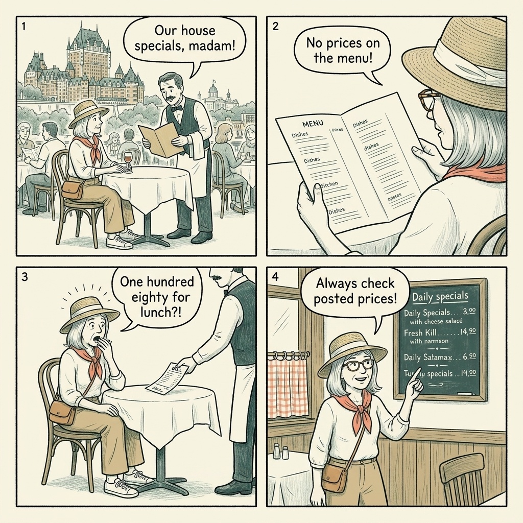 Old Town Restaurant Tourist-Trap Overcharge — La Bûche & the Rue Saint — comic illustration