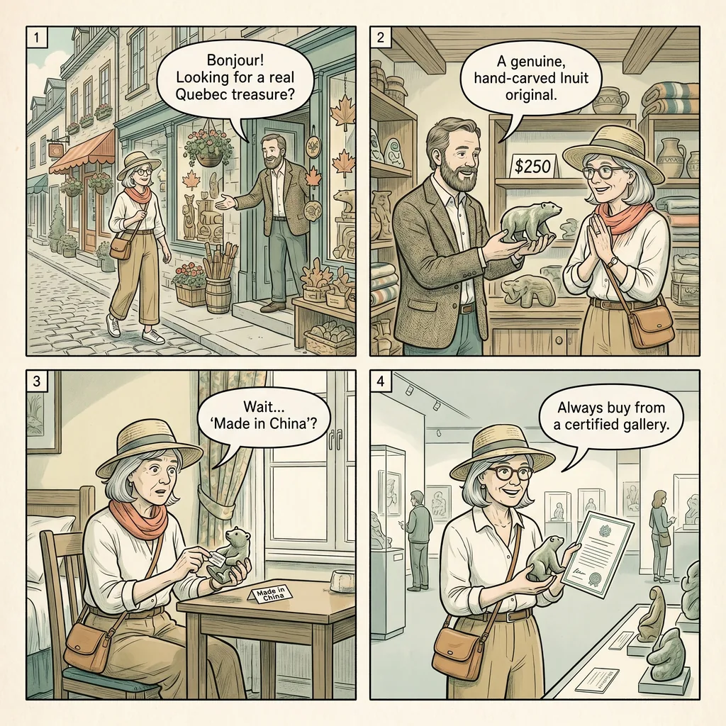 Petit Champlain Quartier Luxury-Goods & 'Authentic Souvenir' Markup — comic illustration