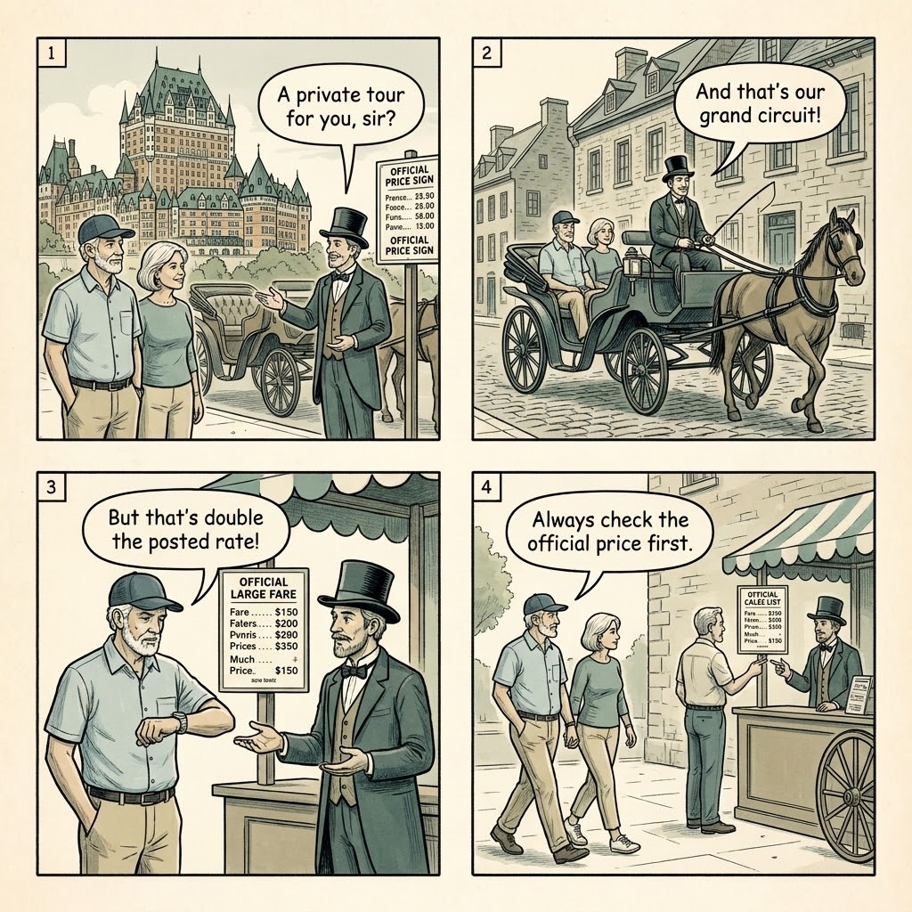 Calèche Tour Pricing & Route-Skimming — comic illustration