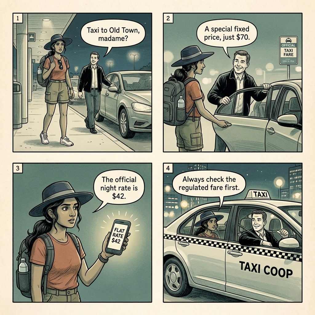 Quebec City Airport & Old Town Taxi Overcharge — comic illustration