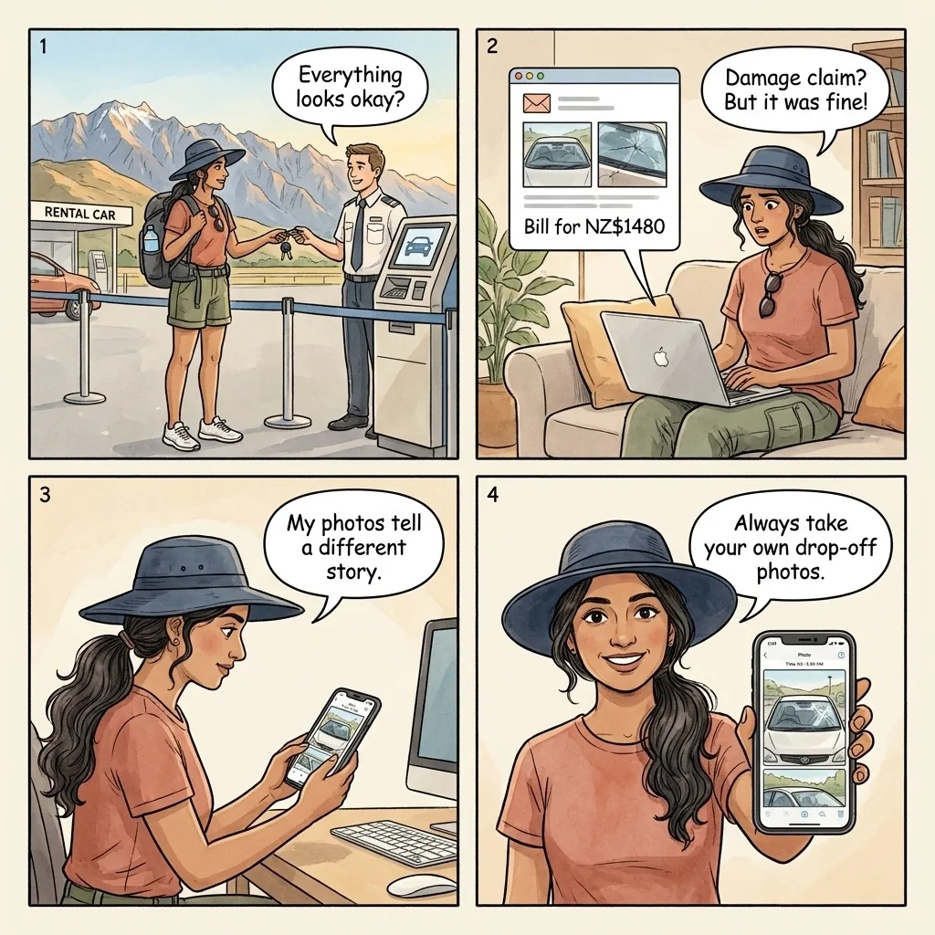 The Queenstown Airport Rental-Car Post-Return Damage Claim — comic illustration