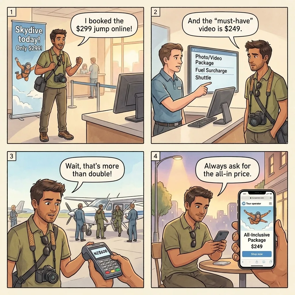 The Adventure-Tour Hidden-Fee Stack — comic illustration