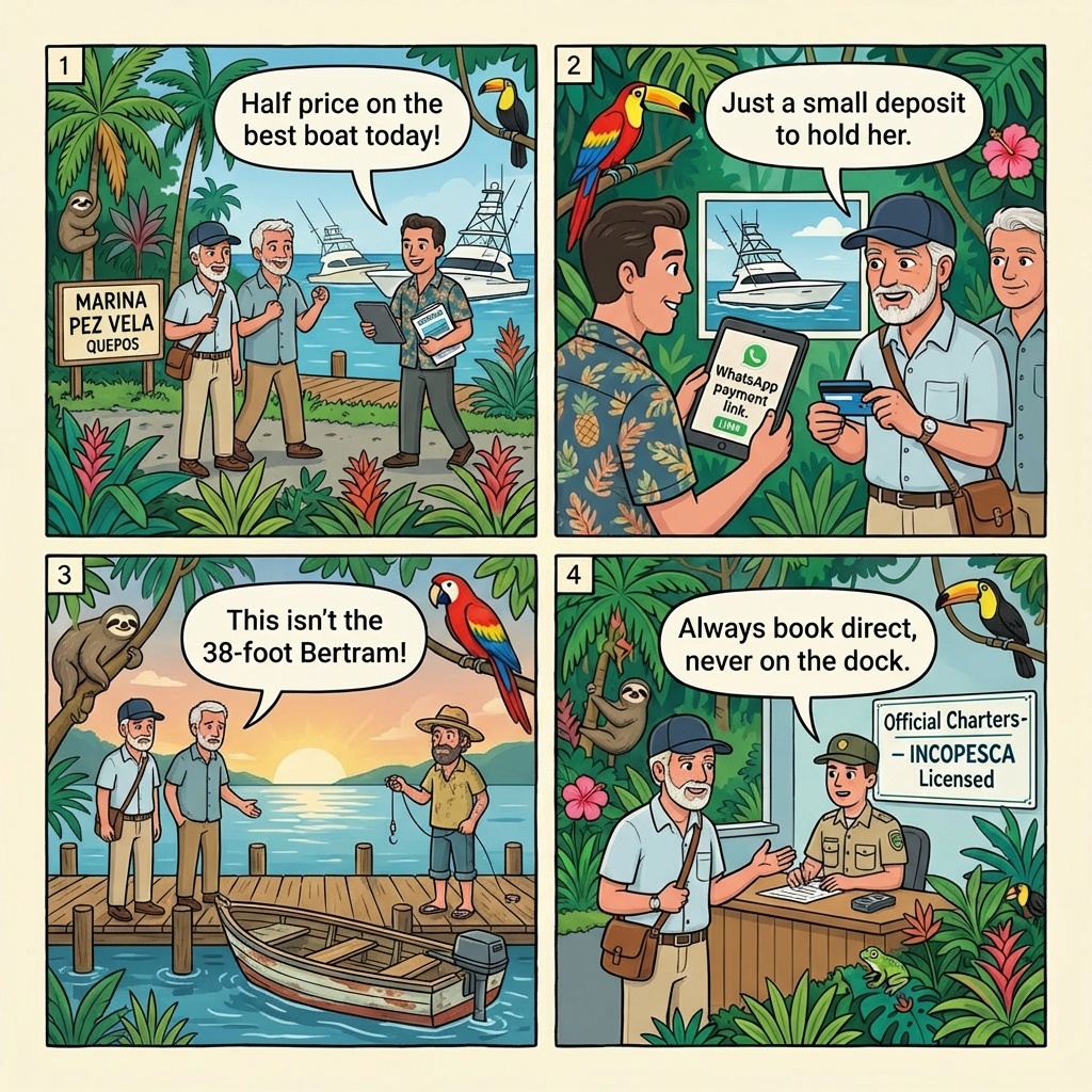 Marina Pez Vela Sportfishing Charter Advance-Fee Fraud — comic illustration