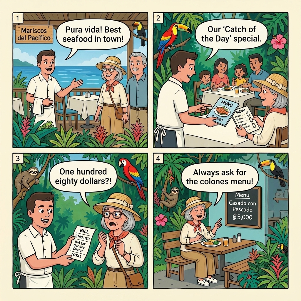 Quepos Calle 2 Waterfront Restaurant 'Gringo Menu' Overcharge — comic illustration