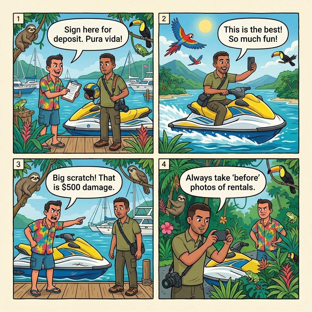 Quepos Marina Jet-Ski And ATV Damage-Inflation Deposit Trap — comic illustration