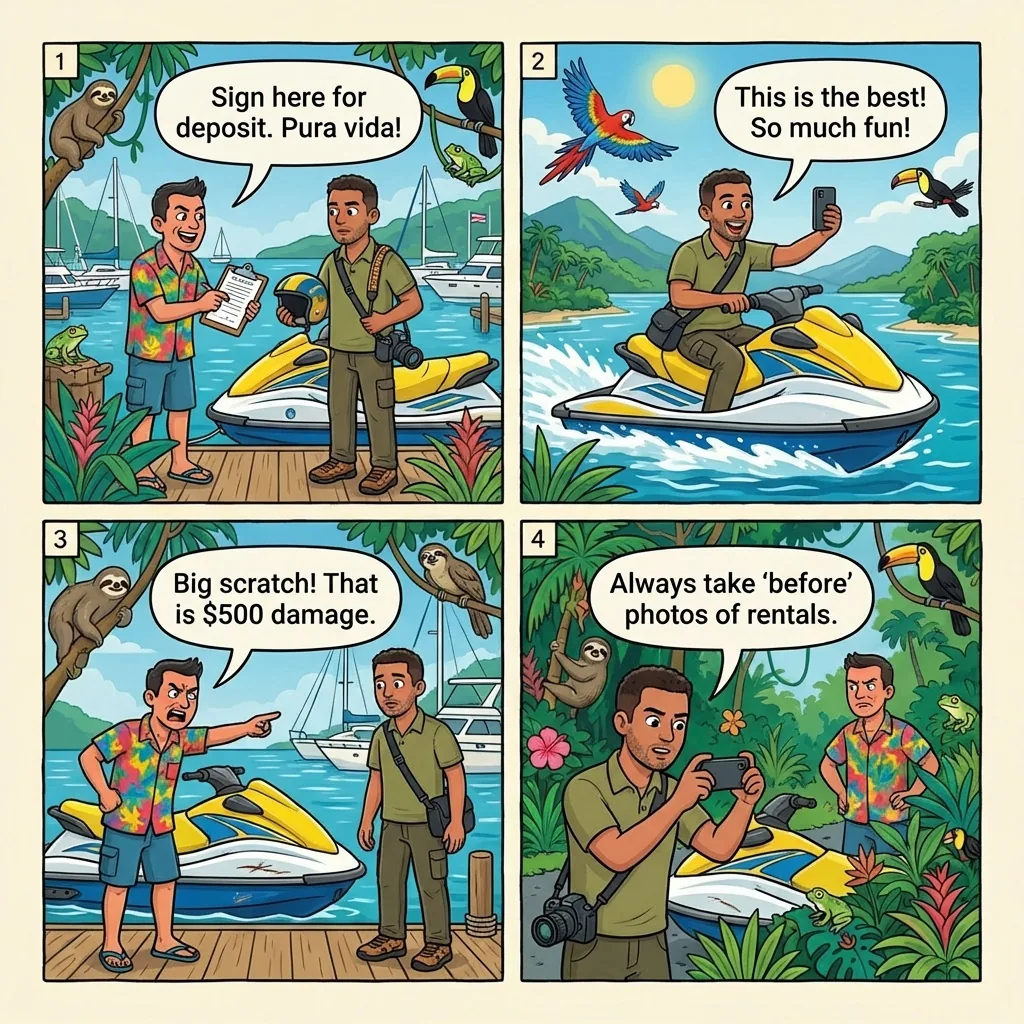 Quepos Marina Jet-Ski And ATV Damage-Inflation Deposit Trap — comic illustration