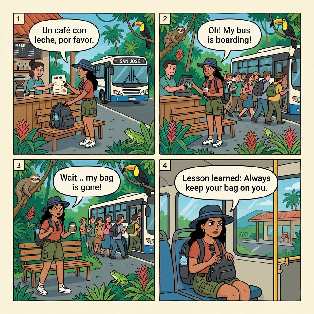 Quepos Tracopa Terminal Boarding-Scrum Pickpocket And Daypack Theft — comic illustration