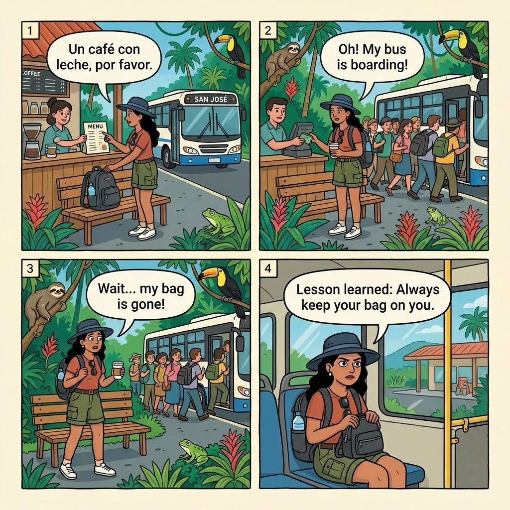 Quepos Tracopa Terminal Boarding-Scrum Pickpocket And Daypack Theft — comic illustration