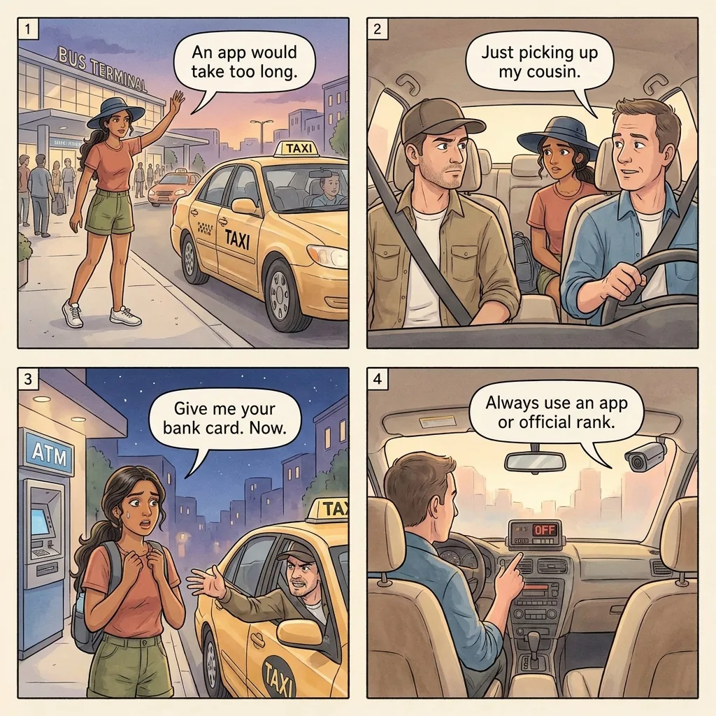 Express Kidnapping by Fake or Hijacked Taxi — comic illustration