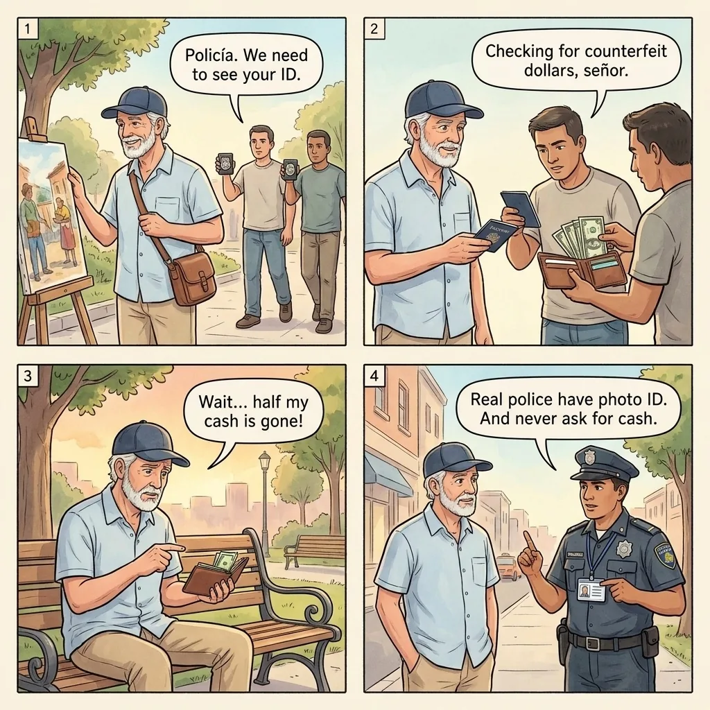Fake Police Officer Shakedown — comic illustration