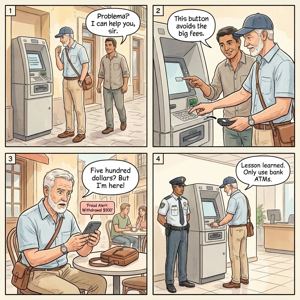 ATM Skimming and Card Cloning — comic illustration