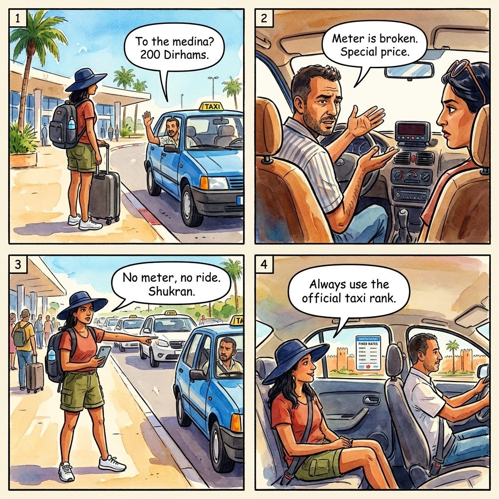 Rabat-Salé Airport Petit Taxi Refusal — comic illustration
