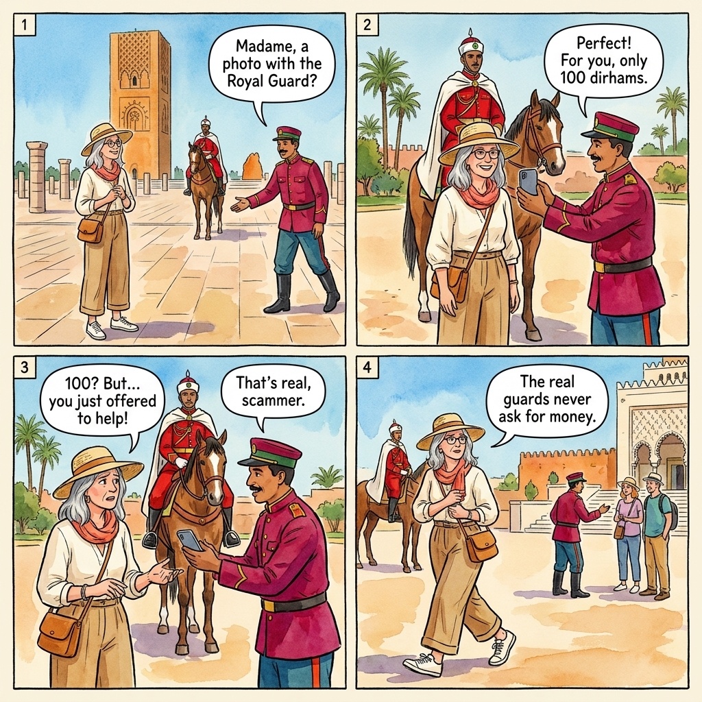 Mausoleum of Mohammed V Royal Guard Photo Demand — comic illustration