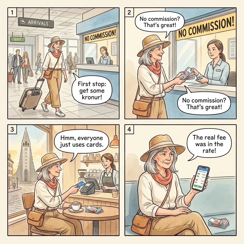 The Keflavik Airport Currency-Exchange Trap — comic illustration