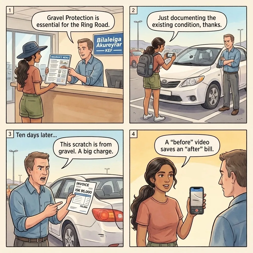 The Iceland Rental-Car Gravel-Damage Trap — comic illustration