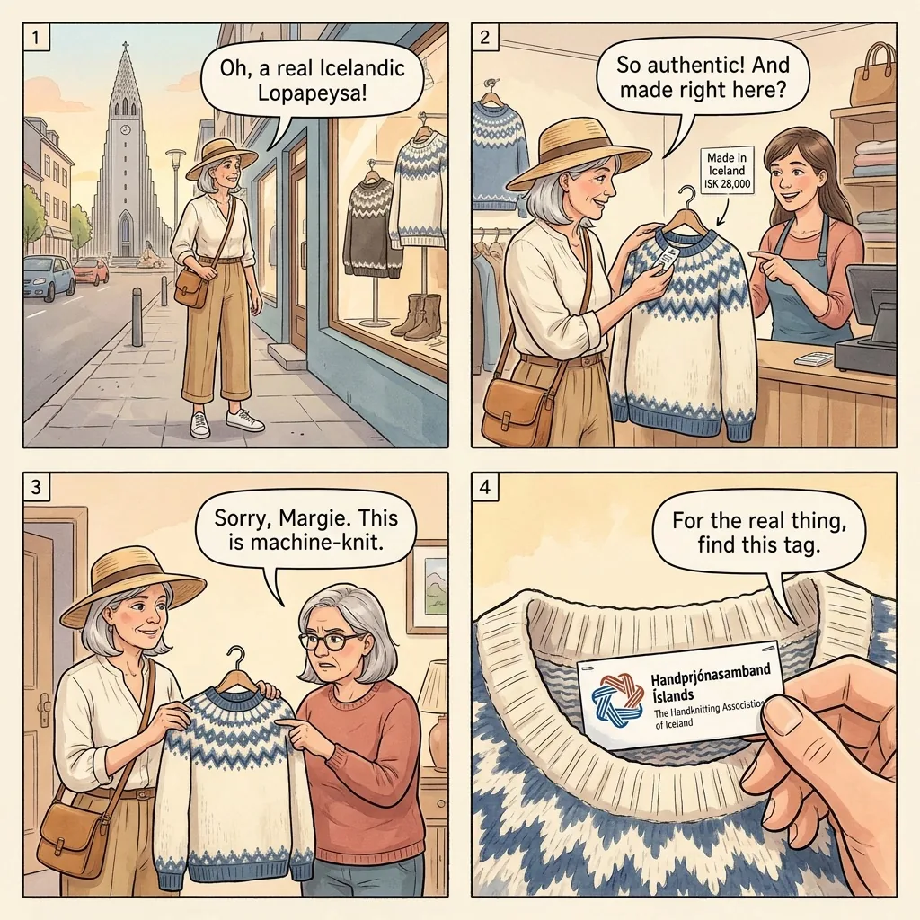 The Reykjavik 'Made in Iceland' Lopapeysa Counterfeit — comic illustration