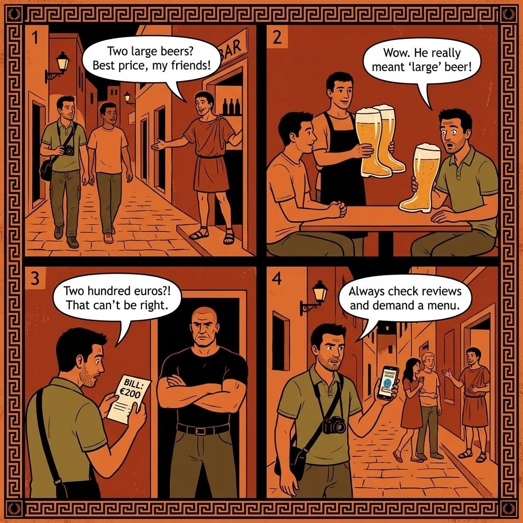 Rhodes Old Town Bar Bill Extortion — comic illustration