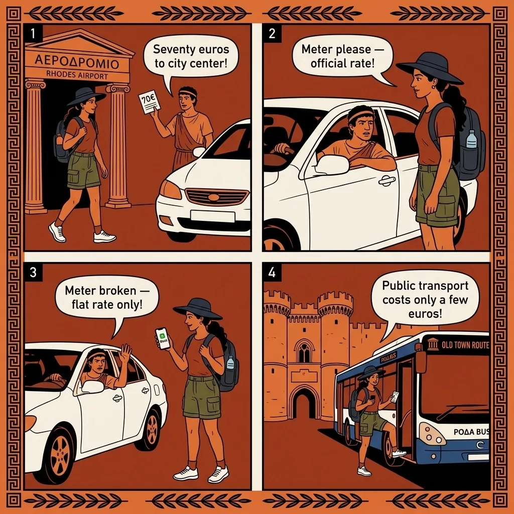 Rhodes Cruise Port & Airport Taxi Overcharge — comic illustration