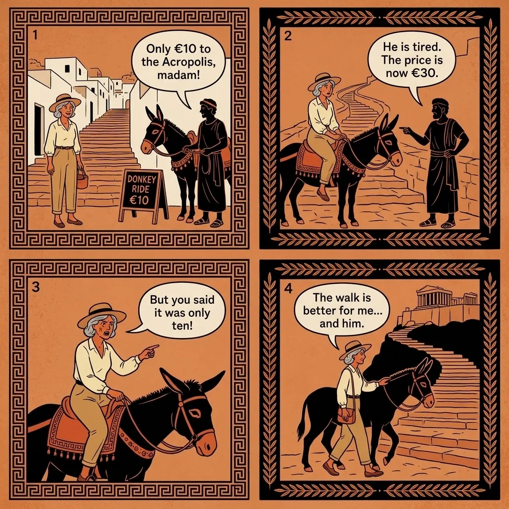 Lindos Acropolis Donkey Ride & ATV Rental Damage — comic illustration