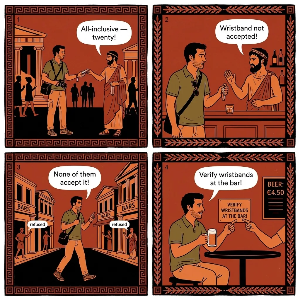 Faliraki 'All-Inclusive' Bar & Tourist-Strip Overcharge — comic illustration