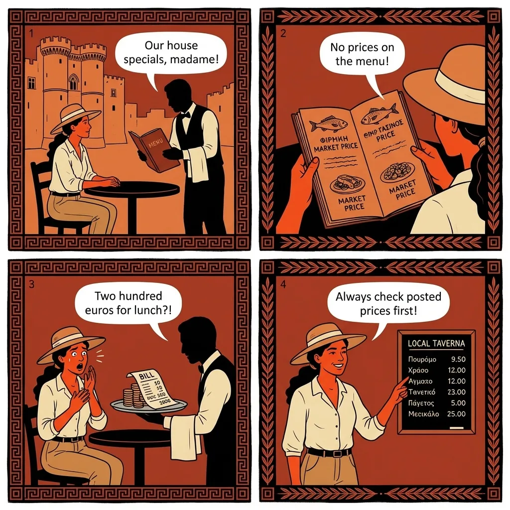Old Town Tourist-Menu Restaurant Overcharge — comic illustration