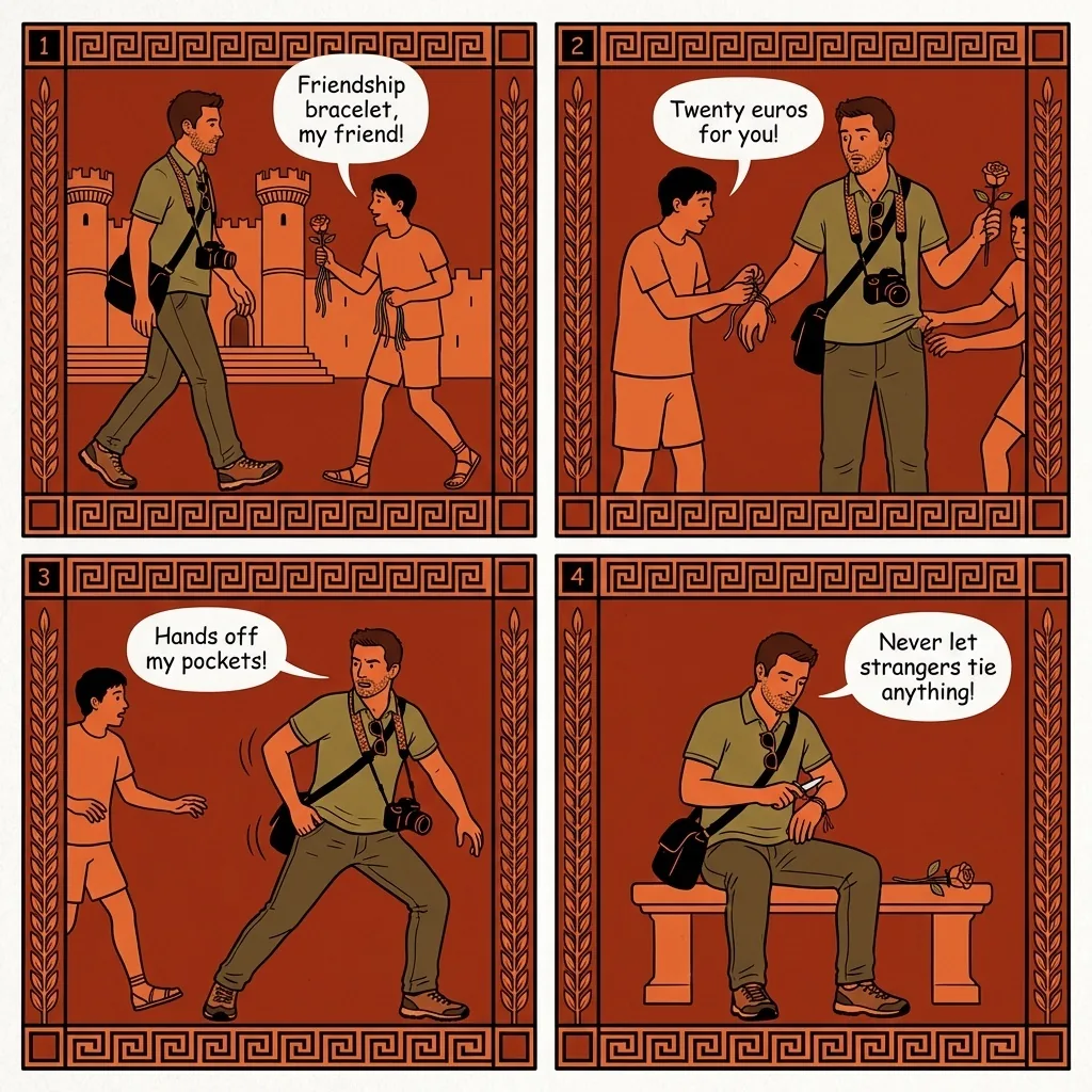 Old Town 'Fake Market' Counterfeit & Bracelet Distraction — comic illustration