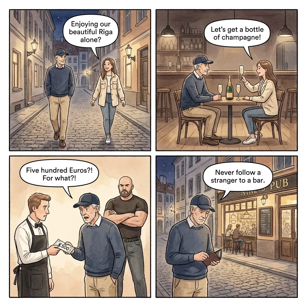 The Kalku Iela Bar Scam — comic illustration