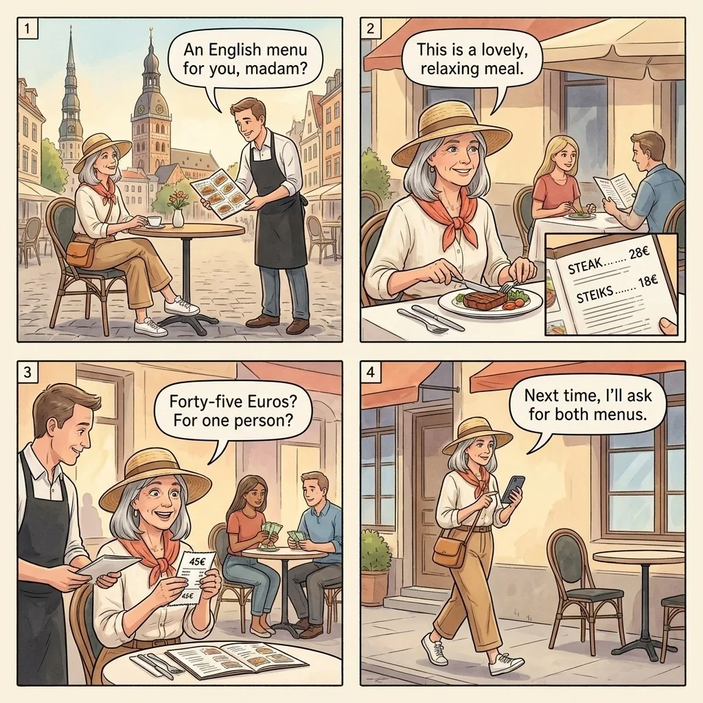 Dual-Language Menu Price Gouge — comic illustration