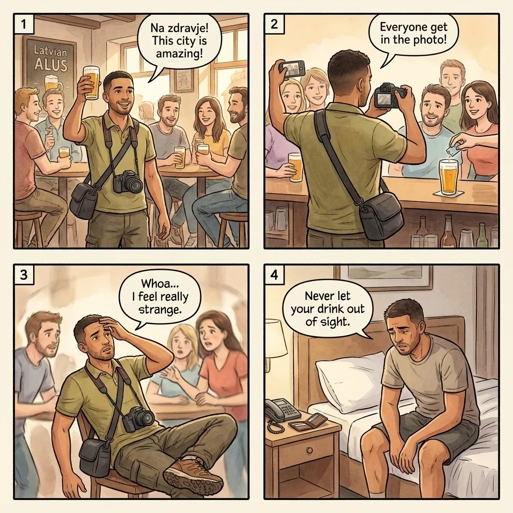Drink Spiking and Robbery — comic illustration