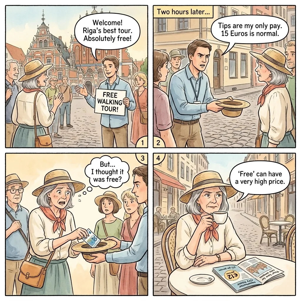 Aggressive Free Walking Tour Tip Pressure — comic illustration