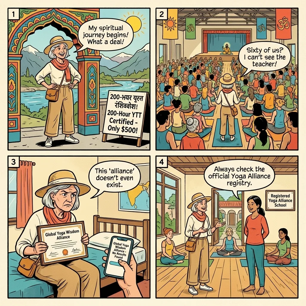 The Tapovan Fake-Ashram YTT Trap — comic illustration