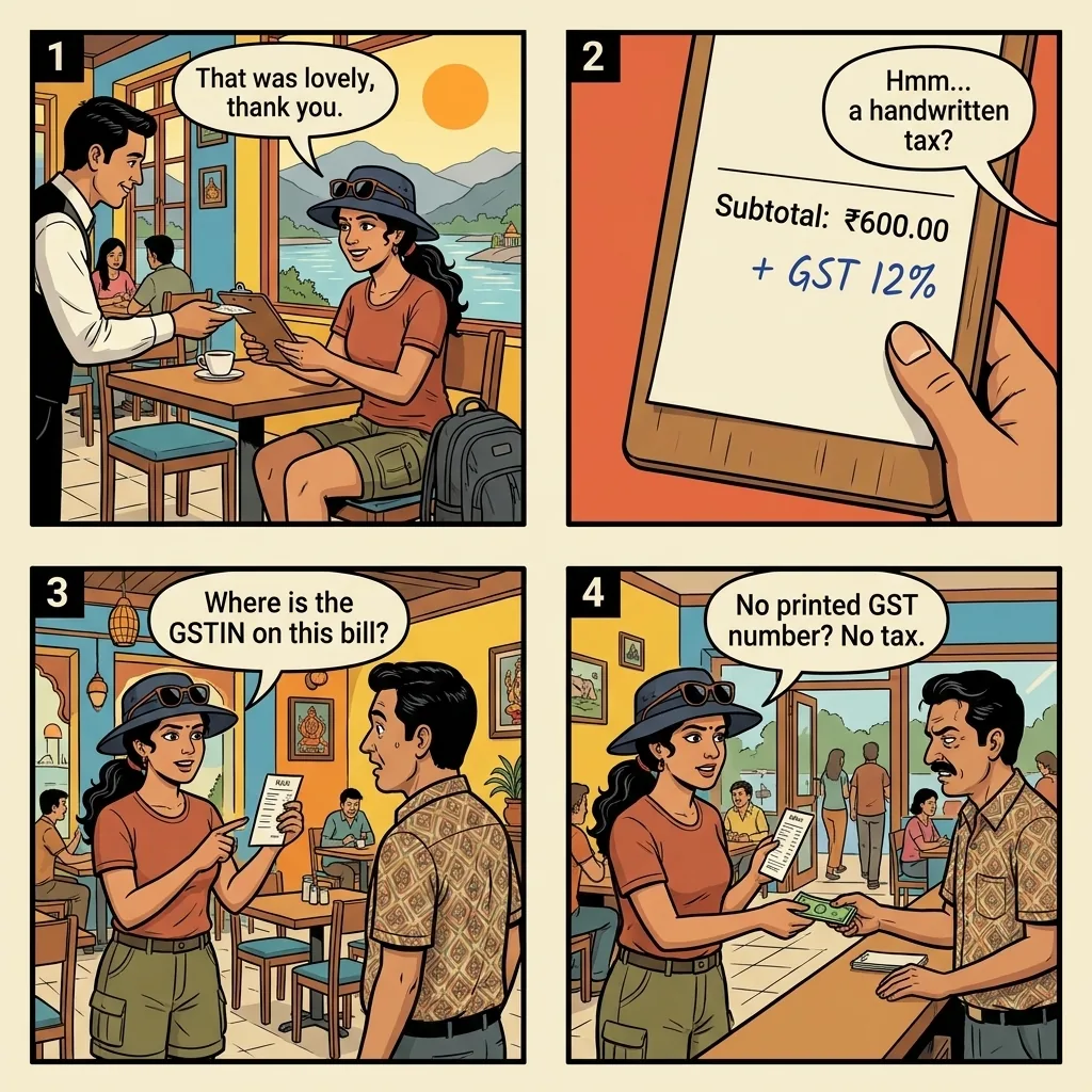 The Rishikesh Fake-GST Billing — comic illustration