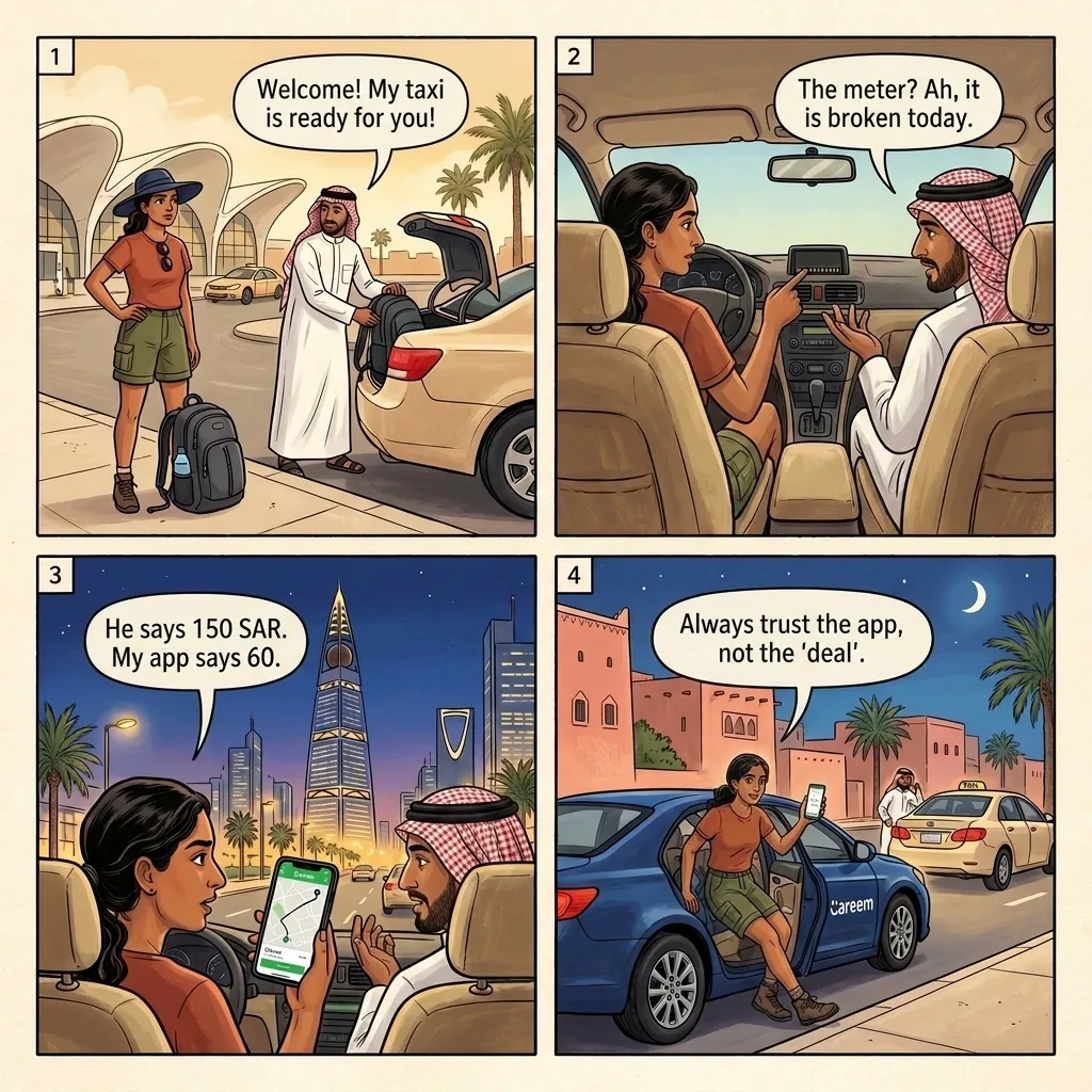 Broken Meter Taxi Overcharge — comic illustration