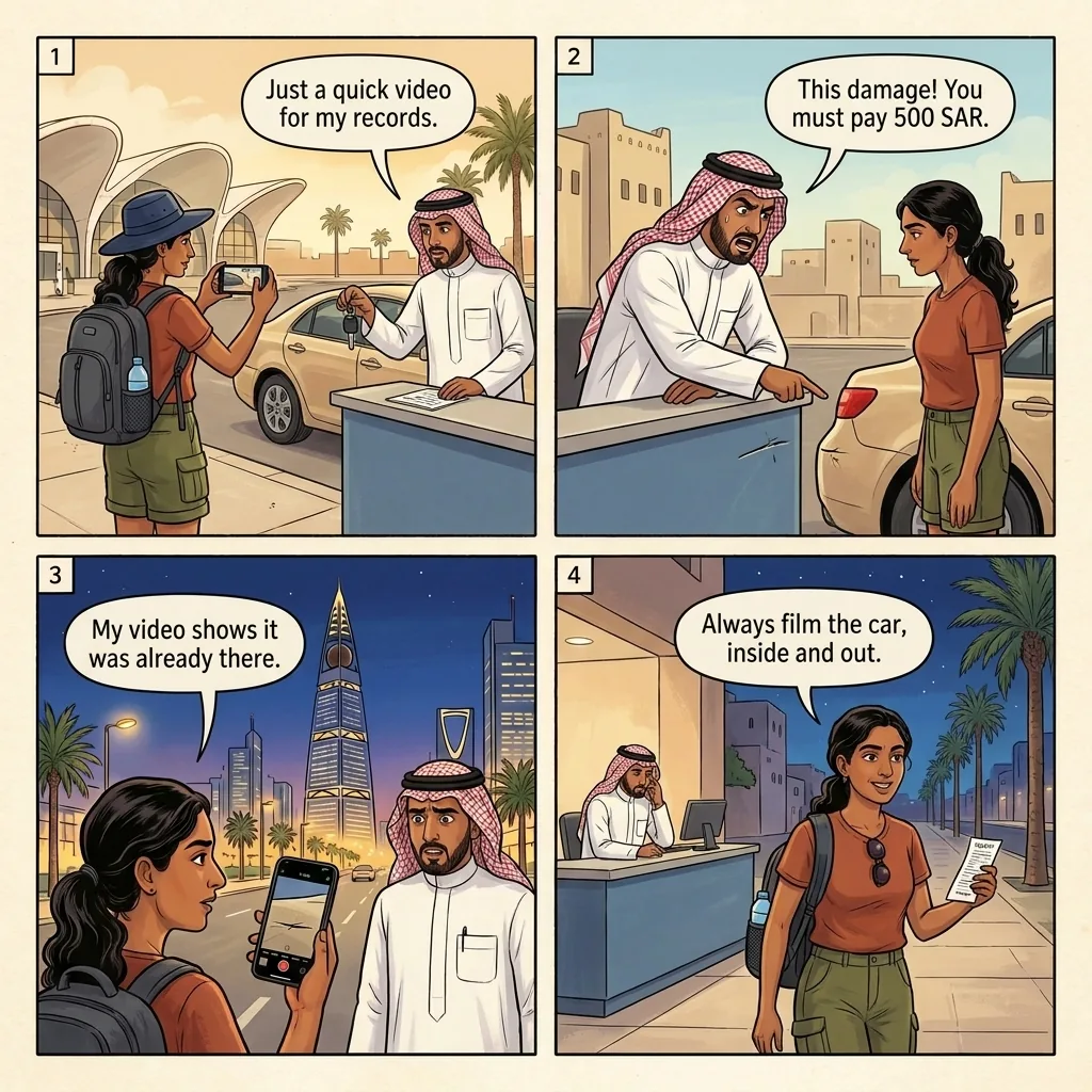 Rental Car Damage Claim Fraud — comic illustration