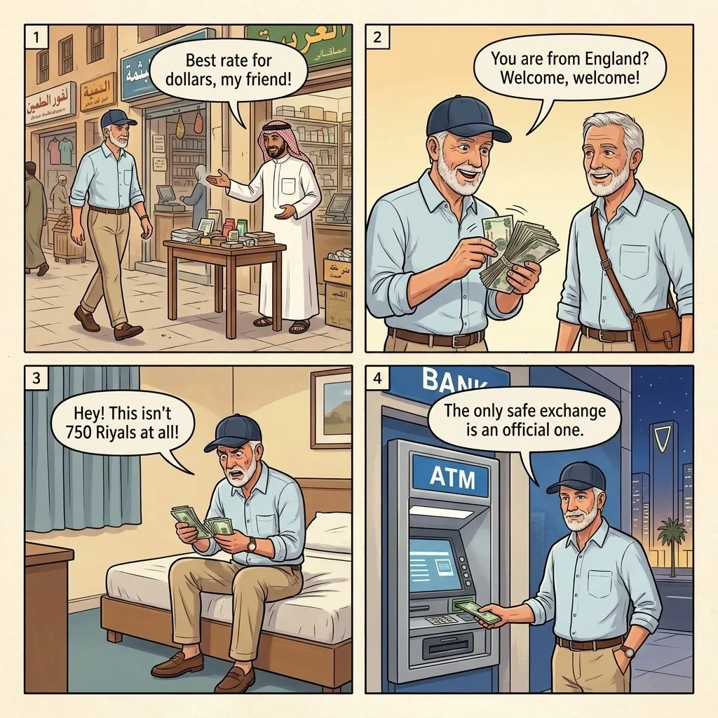Street Money Changer Short Change — comic illustration