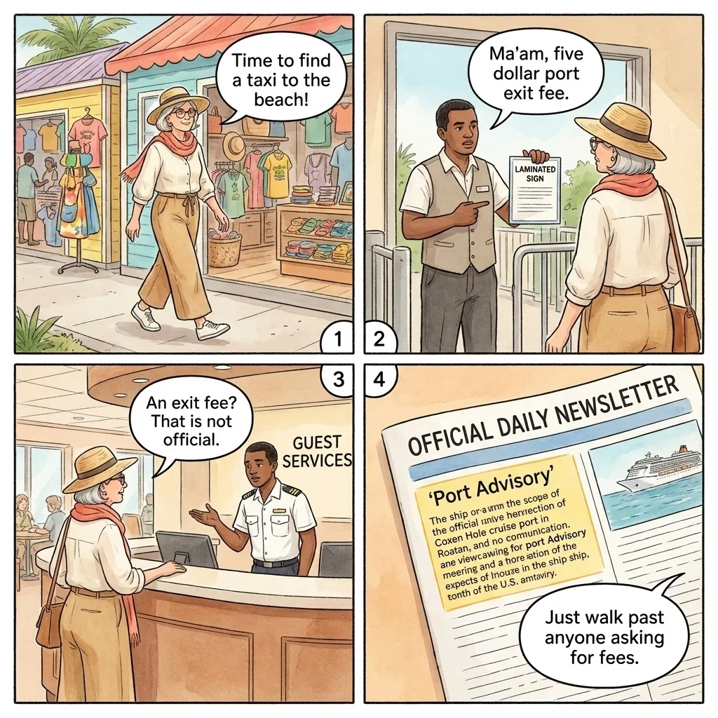 Cruise Port Exit Fee Scam — comic illustration