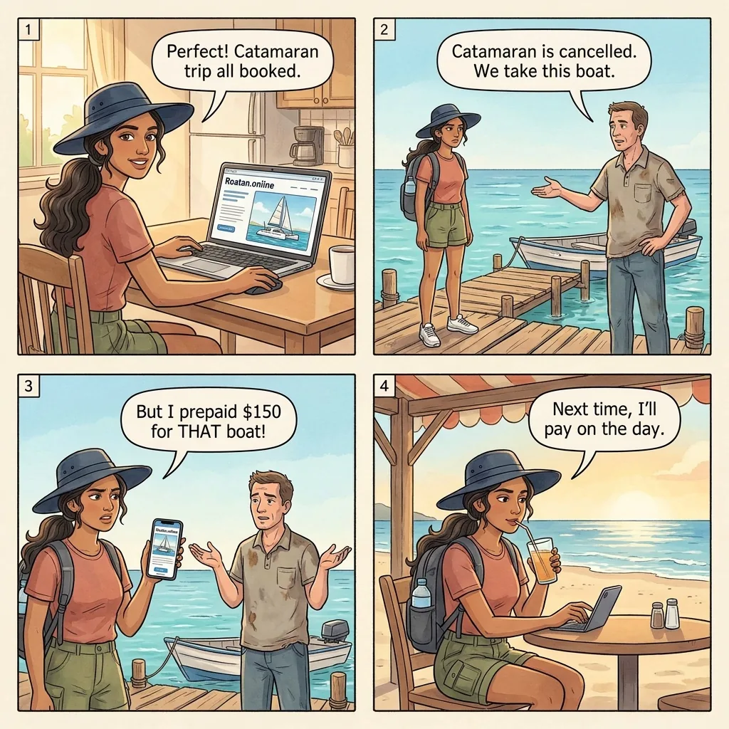 Online Tour Pre-Payment Fraud — comic illustration