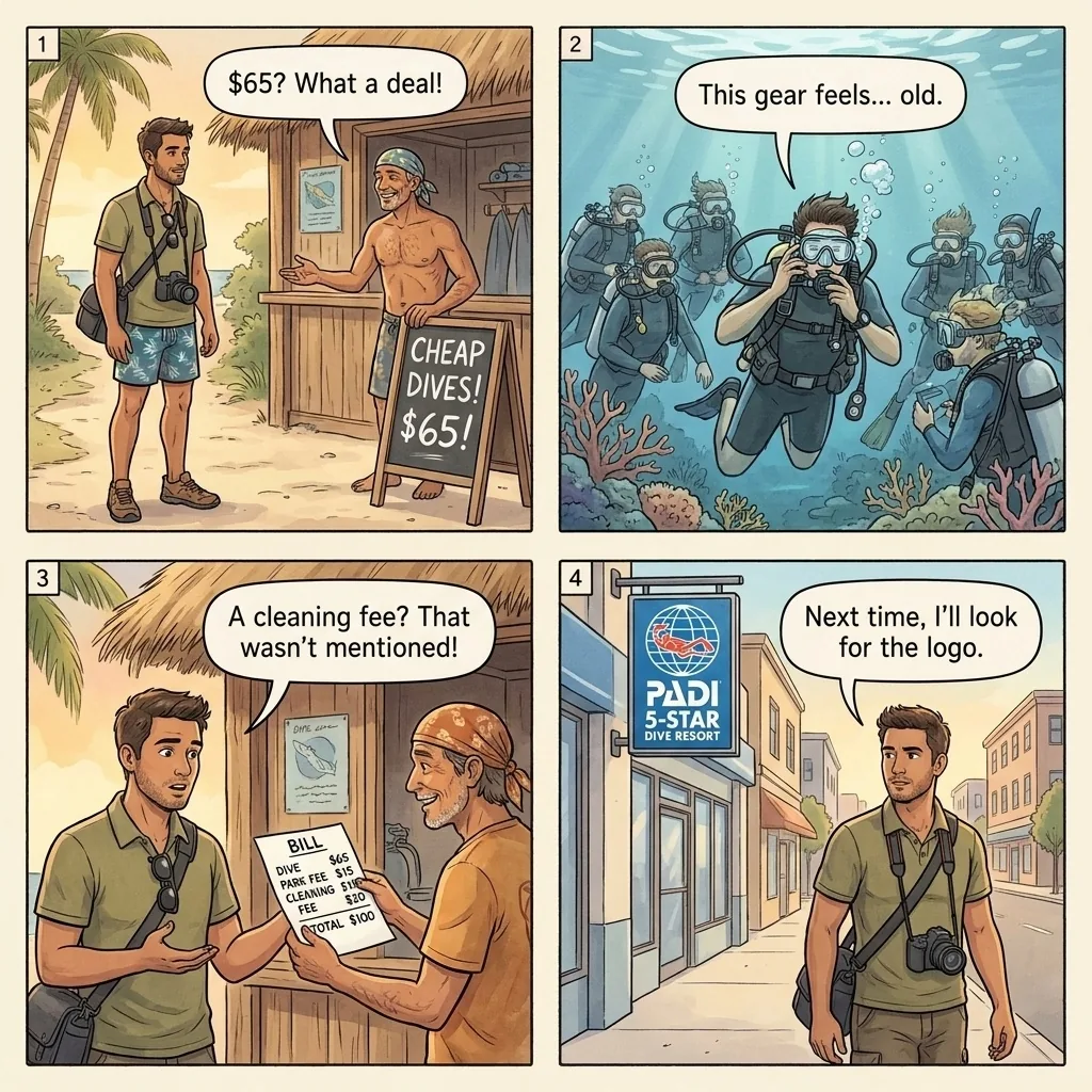 Dive Shop Overcharge and Bait-and-Switch — comic illustration