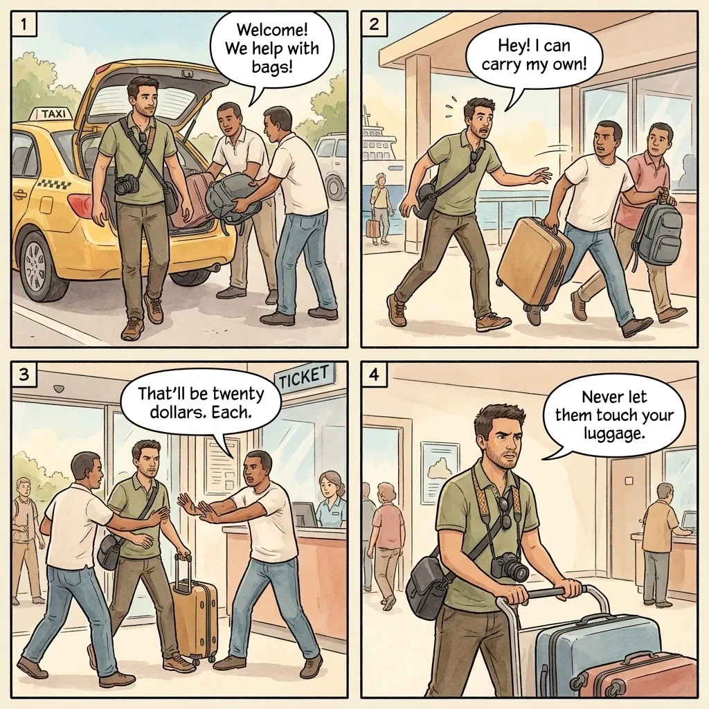 La Ceiba Ferry Port Luggage Hustle — comic illustration