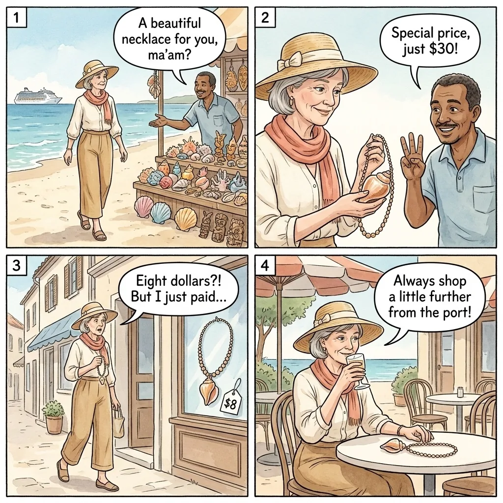 Street Vendor and Beach Souvenir Overcharge — comic illustration