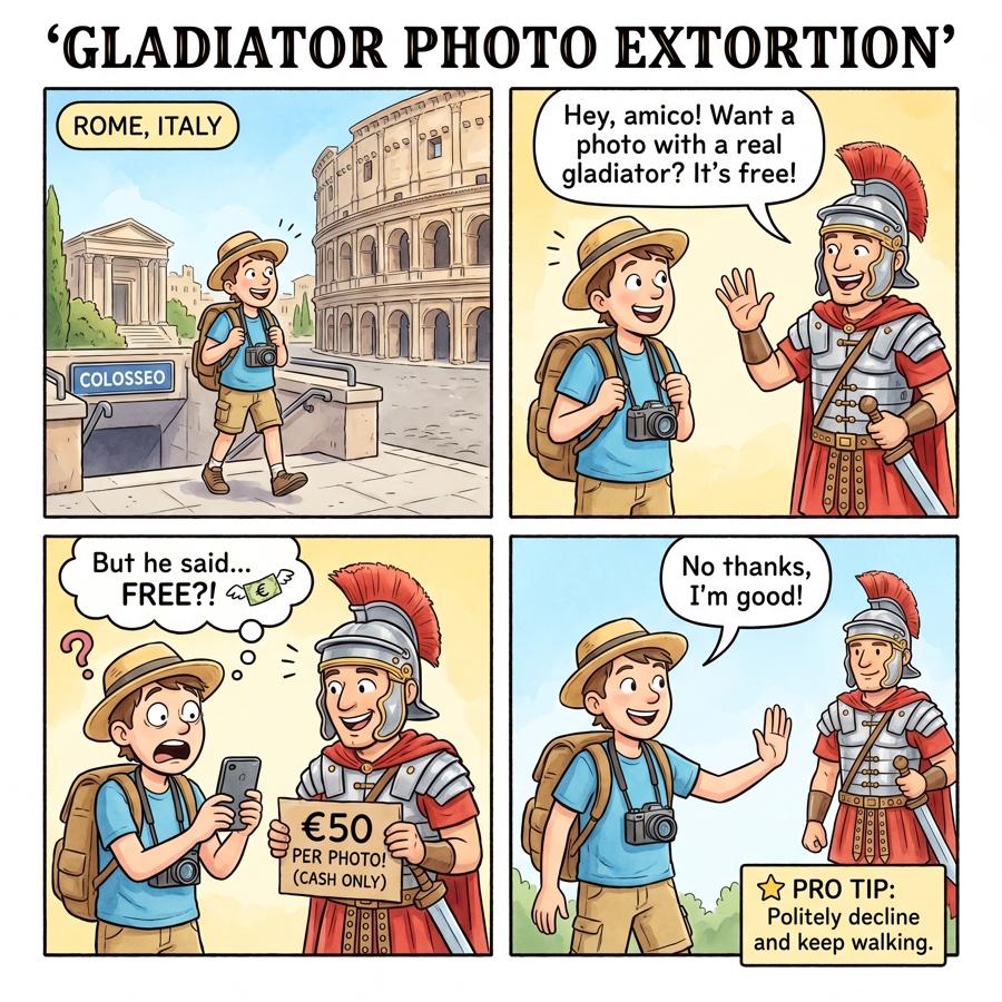 Rome Trastevere phantom Airbnb listing comic, tourist with luggage looking up at a building in the cobblestone alley while host is unreachable