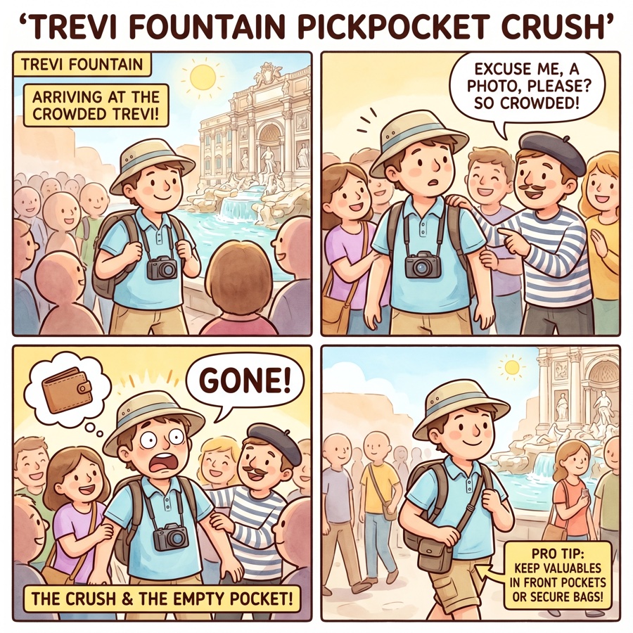 Rome Trevi Fountain pickpocket crush comic — tourist photographing fountain while team works the pedestrian crowd around them