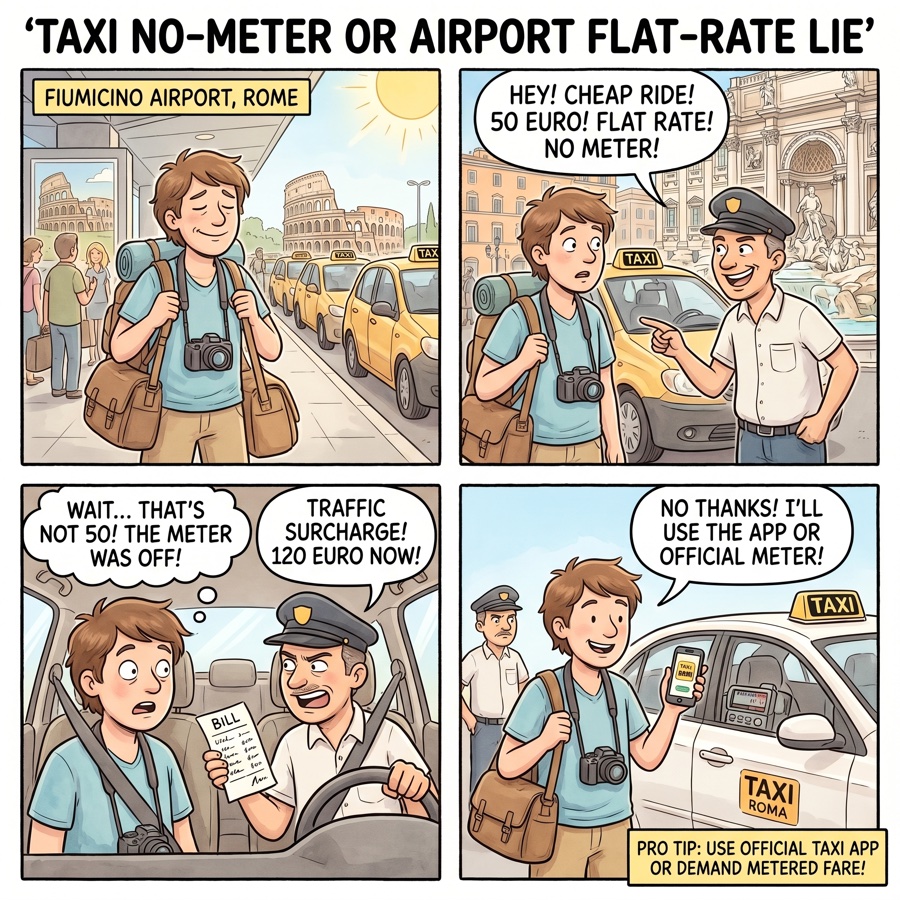 Rome taxi flat-rate scam comic — Fiumicino airport rank, white Fiat, €80 quoted vs €50 legal flat rate