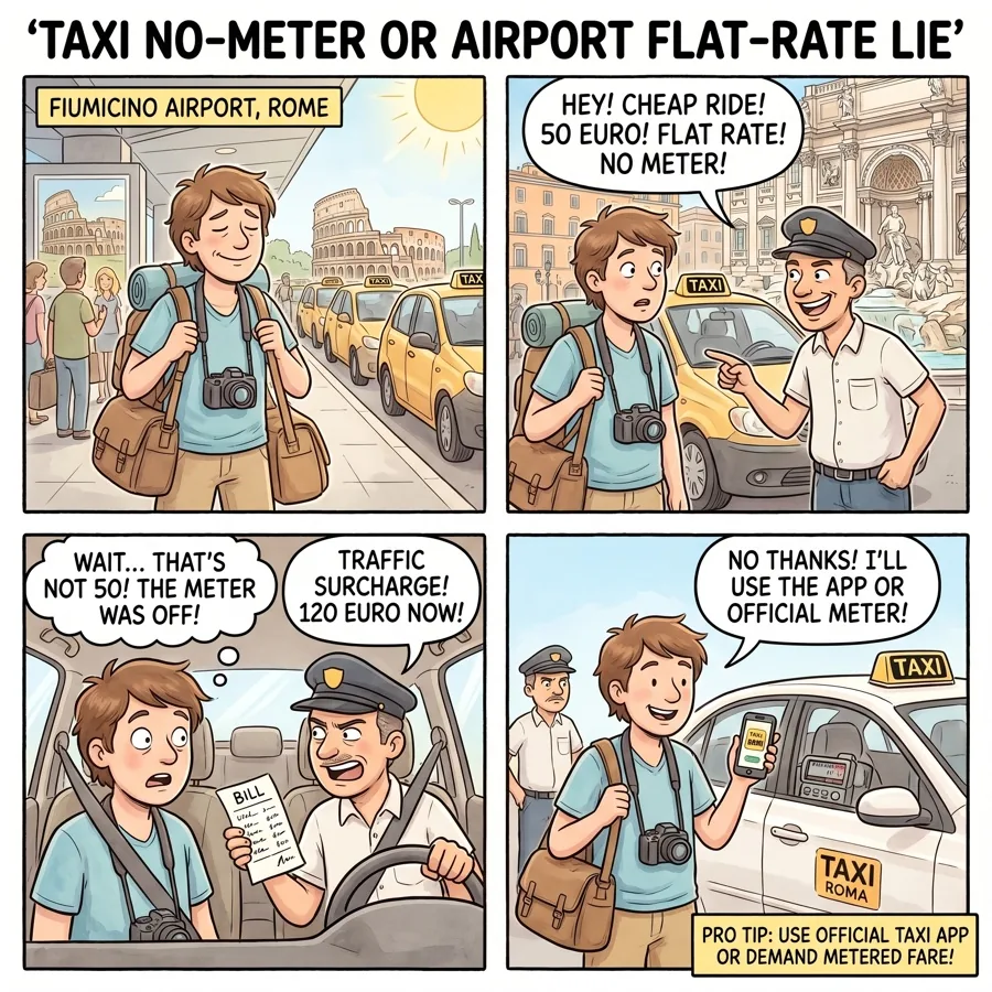 Taxi No-Meter or Airport Flat-Rate Lie — comic illustration