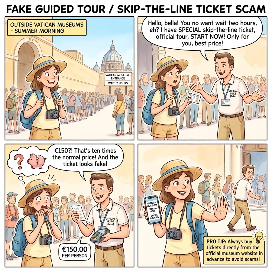Fake Guided Tour / Skip-the-Line Ticket Scam — comic illustration