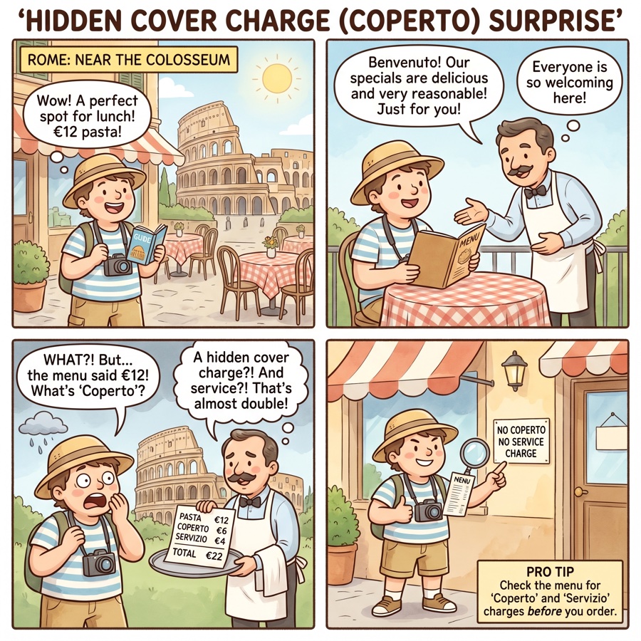 Rome Trevi restaurant coperto and service charge stack comic. tourist couple at a trattoria table reading a printed bill while a waiter waits beside