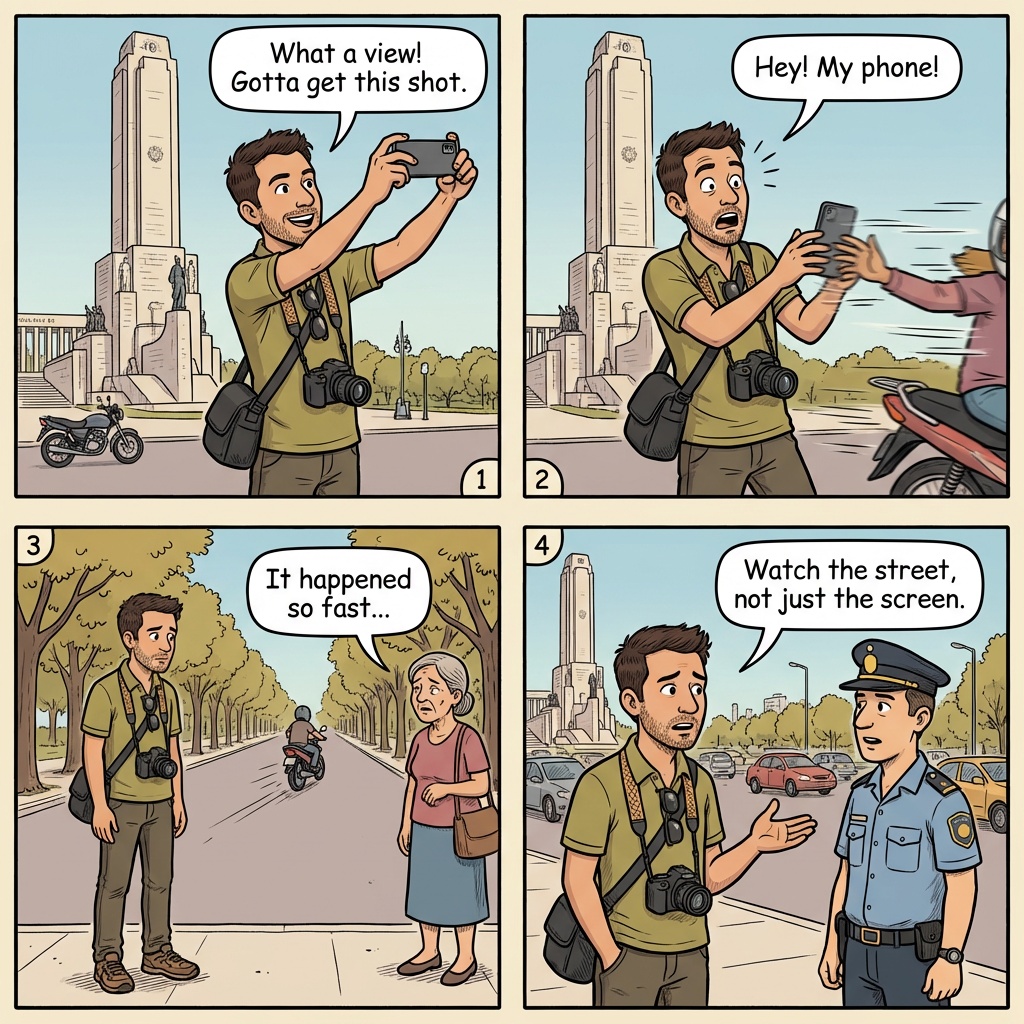 Rosario Motochorro Phone Snatches Near Monumento a la Bandera — comic illustration